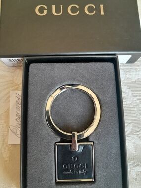 Authentic Gucci Black Leather Square Keyring/Bag Charm with Silver-Tone Ring